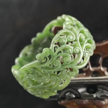 Старый китайский натуральный хотанский зеленый Нефрит Ручной работы с выдолбленным цветочным браслетом w