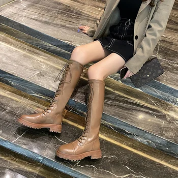 Удобные женские ботинки на платформе из мягкой кожи с перекрестными ремешками, короткие зимние сапоги до колена с плюшевой подкладкой на высоком каблуке в стиле панк