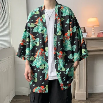 Уличная мужская летняя куртка-кимоно с принтом 2023, модная ветровка, мужская куртка-кардиган, солнцезащитное пальто больших размеров