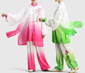 унисекс, 3 шт. /компл. униформа для тайцзицюань, костюмы для тайцзицюань, вуаль с вышивкой лотоса, одежда для боевых искусств ушу, градиентный зеленый /розовый