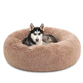 Успокаивающая собачья кровать для крупных собак, зимняя кровать, пончик, Моющаяся, для больших домашних животных, Успокаивающая Круглая пушистая плюшевая кровать для собак из искусственного меха