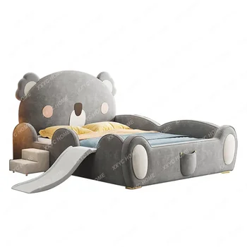 Фланелевая кровать с Мишкой 1,5 М, милая мультяшная кровать с перилами и подвижной горкой, кроватка для малышей с подсветкой bebe suspendus
