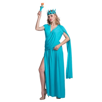 Хэллоуин Новая Сексуальная Греческая Богиня Афина Богиня Косплей Костюм Полный Комплект для Женщин Статуя Свободы Девушка Леди Необычное Синее Платье