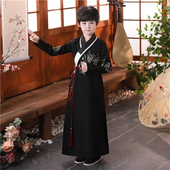 Черная одежда с вышивкой Hanfu Для мальчиков, Традиционный Национальный костюм, Детский Китайский Древний костюм с длинным рукавом