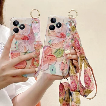 Чехол для телефона Realme C53, картина маслом, цветок персика, защитный чехол из ТПУ с ремешком через плечо