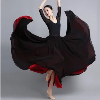 Шифоновая танцевальная юбка для фламенко, 720 градусов, однотонные длинные юбки, одежда для занятий танцами, юбка в китайском стиле с большим подолом