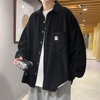 Японская ретро вельветовая рубашка, куртка, мужская осенняя модная рубашка свободного кроя 2023, повседневная студенческая рубашка с этикеткой